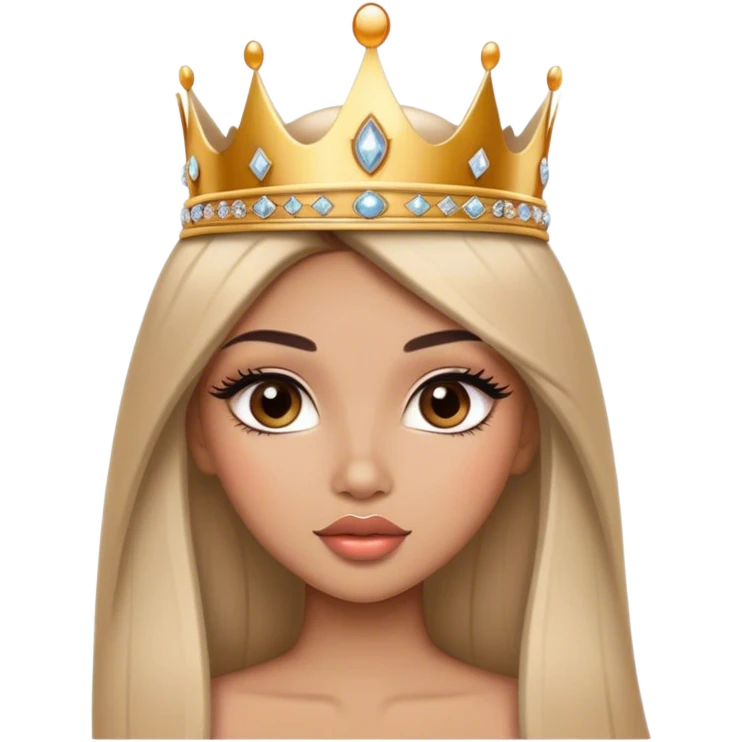 Glamourous princess, light brown skin tone, very beautiful girl, with big plump peach-beige lips, long long lashes, black straight smooth silky long hair, straight parting hair, brown eyes, gold tiara emoji