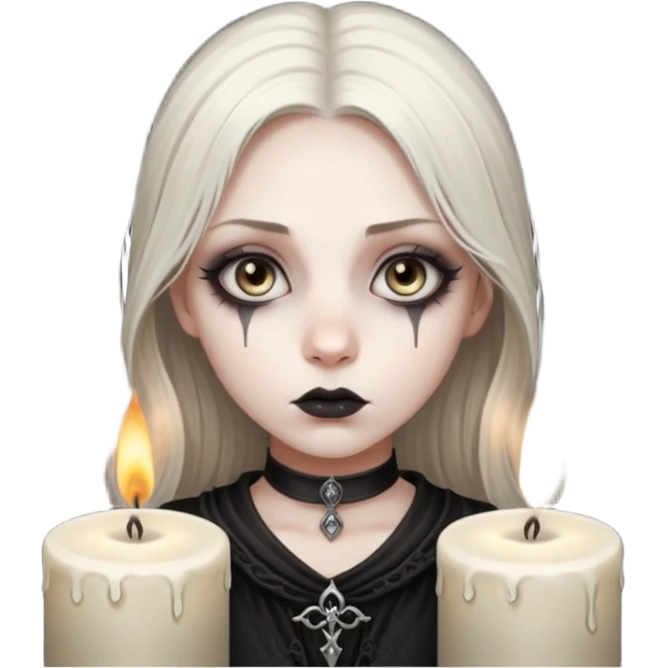 Pale woman with kohl-lined eyes staring through candle smoke, predatory calm, gothic fantasy mood emoji