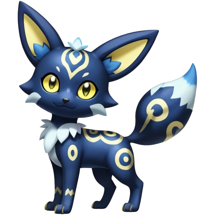Shiny mExotic Colorfulj Excessive Mysterious Gothic Meowstic-Umbreon-Poochyena-Pokémon-Fakémon-hybrid-creature (full body) with pattern-markings with golden eyes emoji