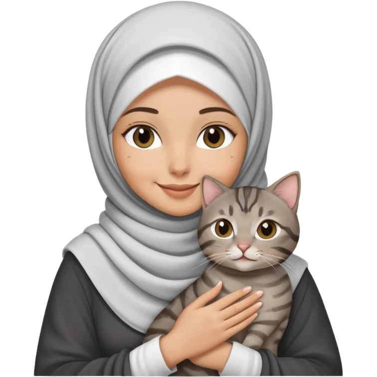 White girl wearing pretty hijab holding a black grey tabby cat while smiling emoji