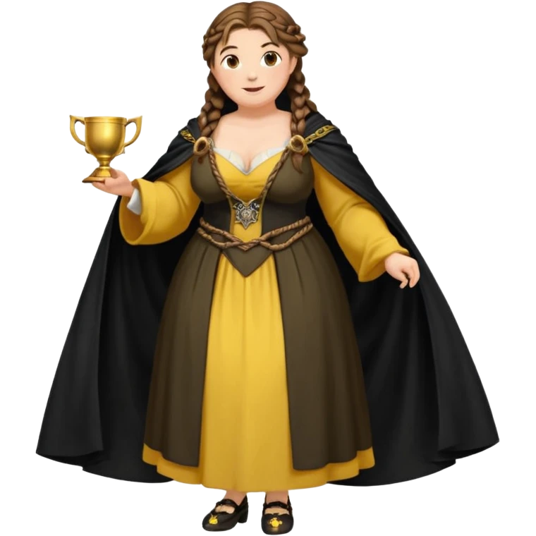 Helga Hufflepuff,brown-haired,2 braids,yellow-black medieval open dress,deep neckline,fat macromastia,black cloak decorated with gold braiding,gold cup with two handles,very kind smile,curvy busty sweet woman,round rosy cheeks,full length with medieval shoes emoji