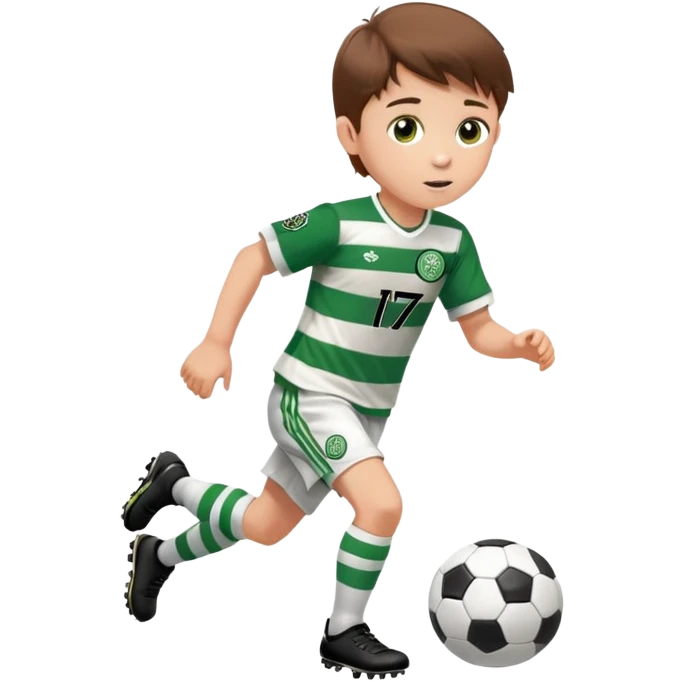 Celtic footballer jersey logo  6 years old brown hair white boy , brown eyes , stripes uniform , RUNNING  with soccer ball # 17 celtic football logo PUT ONLY ONE LOGO ONE CELTIC LOGO ONLY  emoji