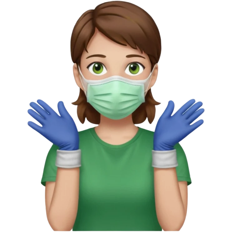 Humano de pelo marrón y ojos verdes, con un cubre boca, que tiene una camisa verde por encima de una remera blanca, y tiene un guante sin dedos en una sola de las manos emoji