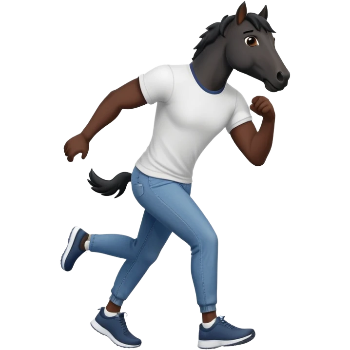 friendly anthropomorphised black stallion in jeans and a t-shirt, jogging upright in relaxed pose emoji