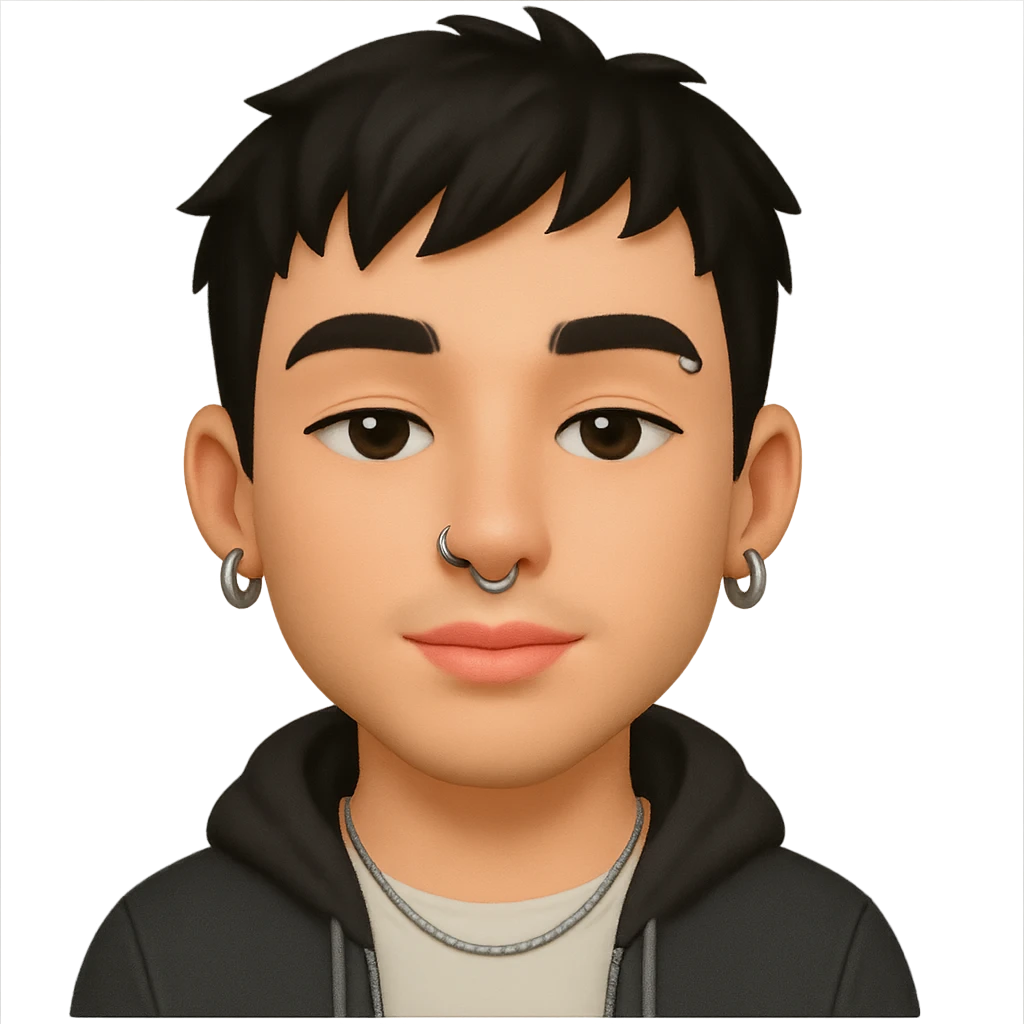 Modern AI emoji of a young man with short slightly messy black hair, fair skin, pink lips, nose and eyebrow piercings, silver earrings, thin chain necklace, casual trendy clothing like hoodie or jacket over t-shirt, neutral or confident expression, relaxed eyes, soft cartoonish but realistic finish, focus on face and accessories emoji