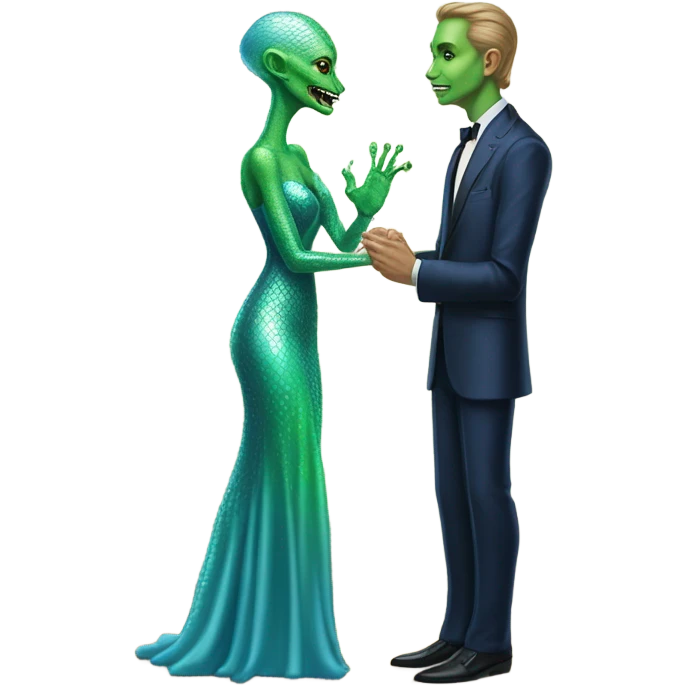 alien reptilian green skin woman, in long slim pastel blue formal party satin dress with gradient shiny sparkling navy blue diamonds embroidered , and caucasian man in black dres on his knees asks her to marry her emoji