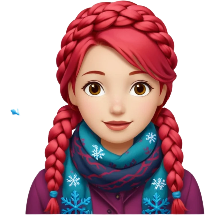 A red braid hair cheerful woman with patterned scarf, snowflakes land on her hair. emoji