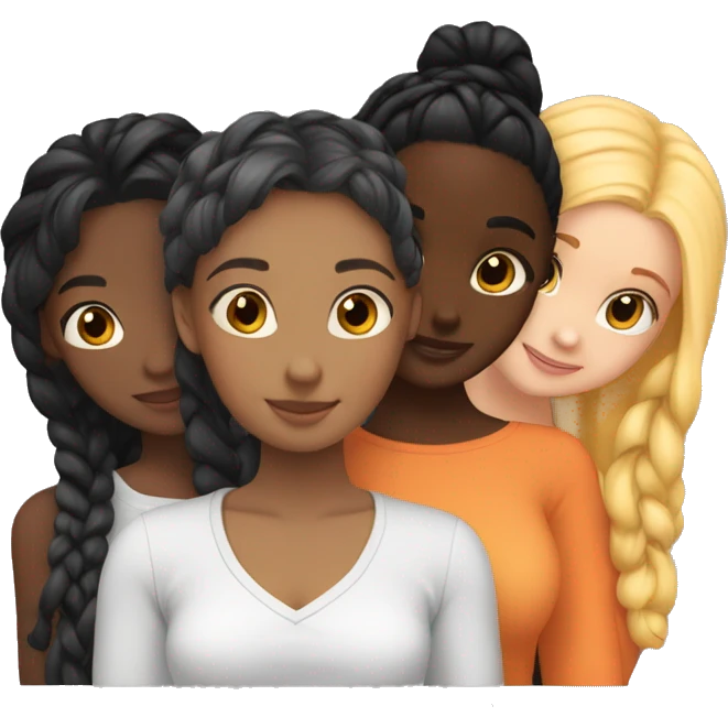 Four girls hugging one blonde one orange hair one black hair with braids and dark skin and lastly one with black hair emoji
