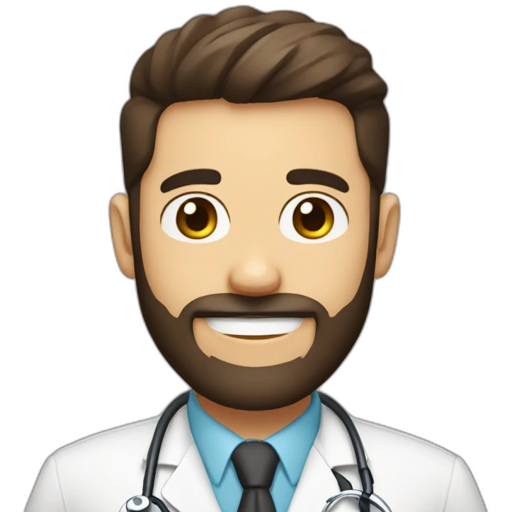 white skin color doctor brown beard smiles  short black haircut on the head emoji