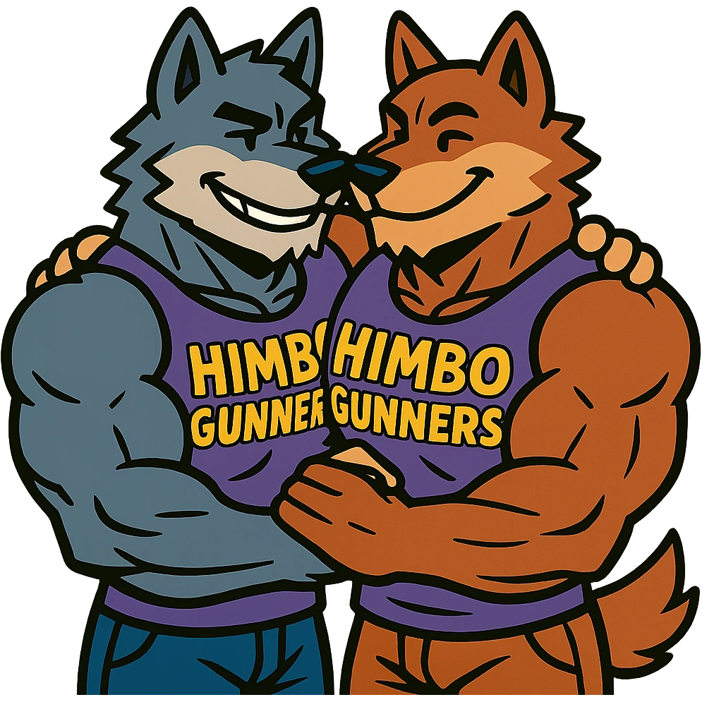 keep only the two extremely muscular wolf furries in 'Himbo gunners' t-shirts hugging emoji