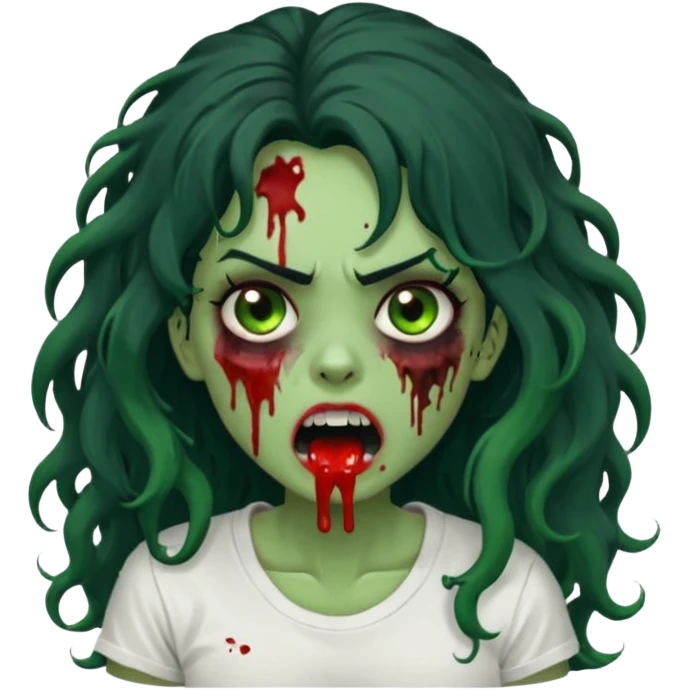 a zombie with long curly black hair volumoso, brown eyes, a white t-shirt and a splash of blood on her t-shirt, mouth open like a zombie, green skin color, not much expression, no drawing on shirt, no hands showing, less blood on her face, less blood, black hair and black eyes emoji