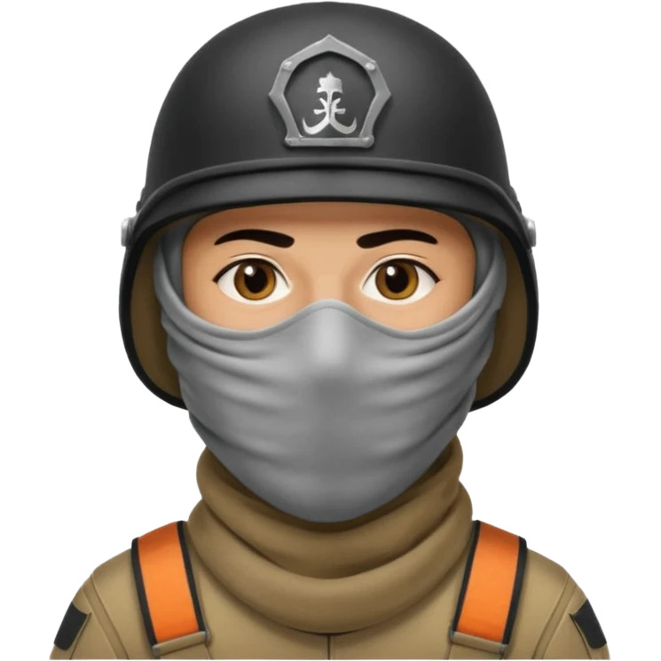 
an Iraqi soldier with a serious face, wearing a helmet and a balaclava covering his mouth emoji