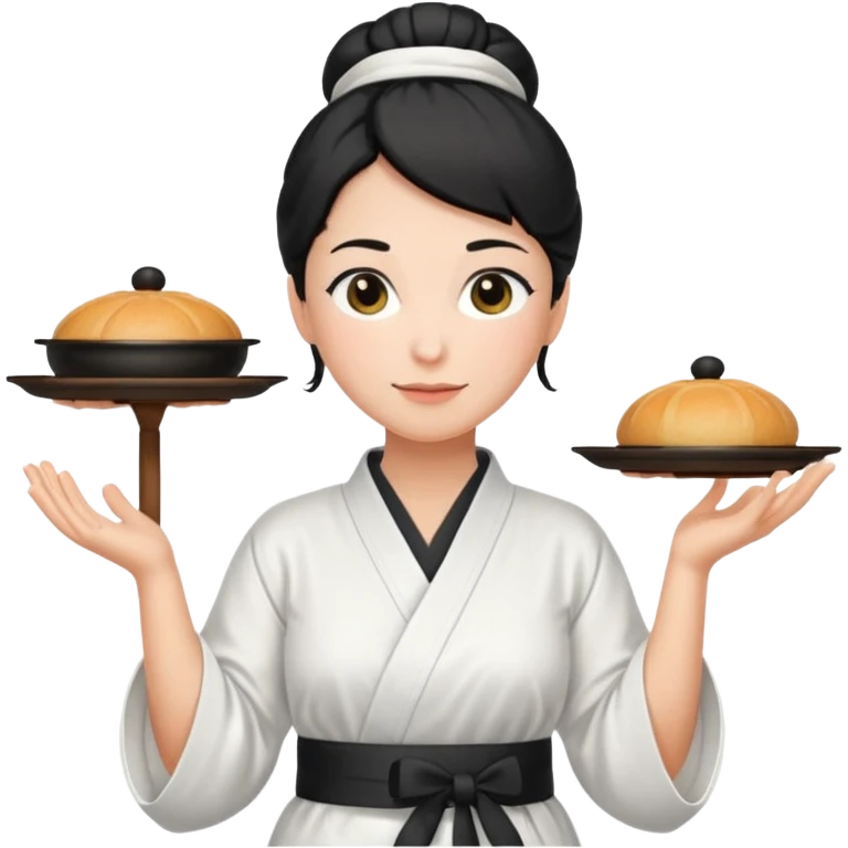 middle age mom with black bun wearing white home kimono and white apron emoji