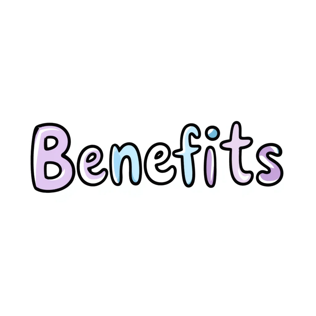 The word "Benefits" hand-drawn in white text with a few purple and blue color accents. Simple doodle style with clean design. emoji