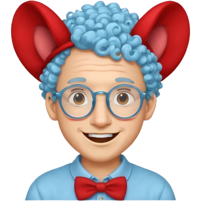 light blue haired man curly hair with big ears and red earrings and spectacles happy and hat wearing emoji