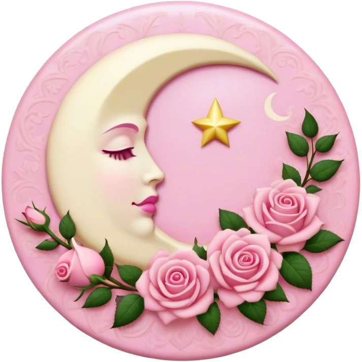 A round pink button with a cream colored crescent damask moon and pink roses in the center emoji