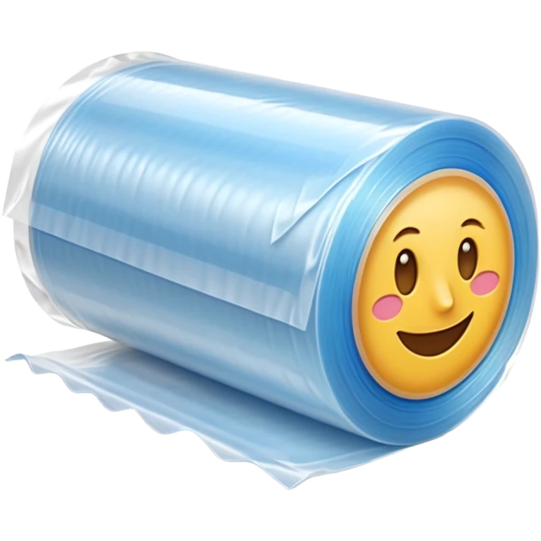 roll of plastic wrap, transparent, glossy, loose layers at one end, light-catching, thin and stretchable, cardboard core, clear plastic, soft highlights, ripple texture, no box or extra, no faces, clean 3D, soft shadows, transparent background, emoji scale emoji