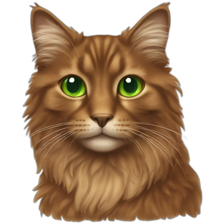 Brown fluffy cat with green eyes and and a sliver of orange fur at the top of her head emoji