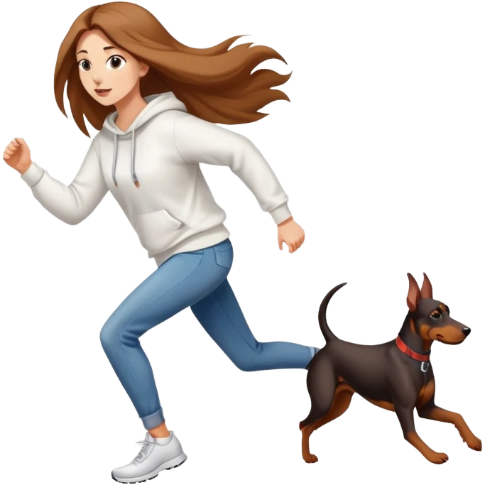 A beautiful girl with long hair wearing a white sweatshirt and jeans is running with a Doberman emoji