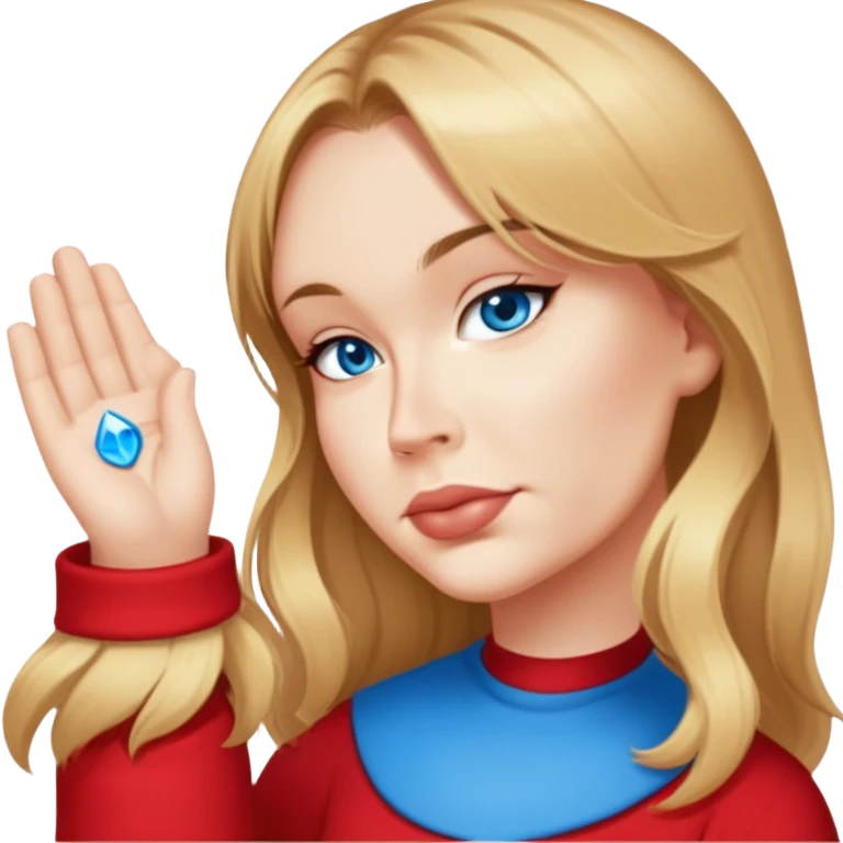female, wearing red shirt, long mittle-blonde hair with volumnious curtan bangs emoji