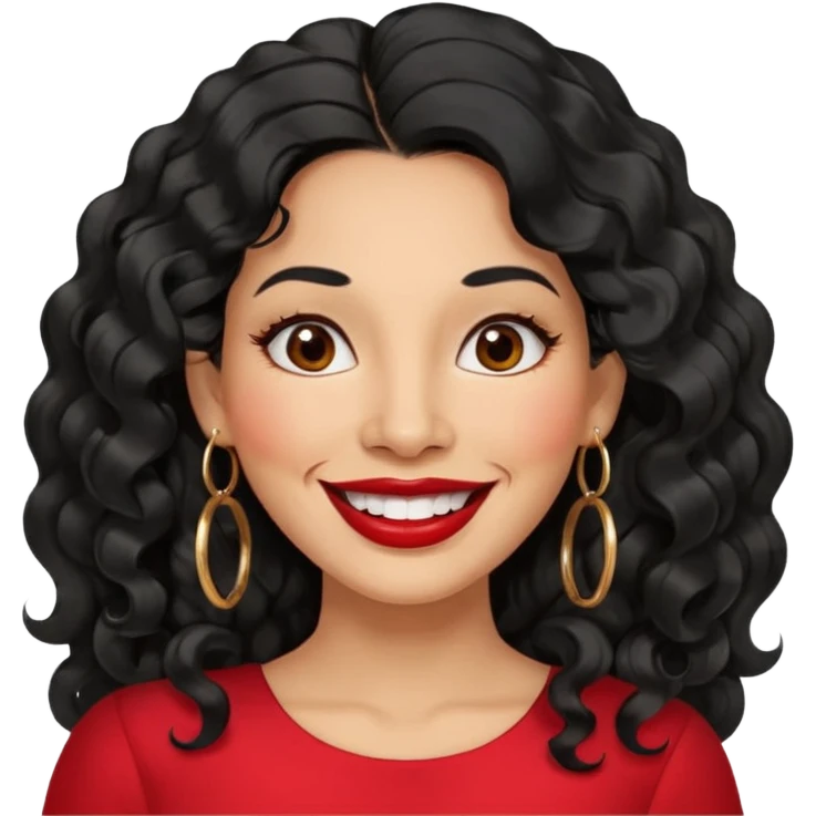 40 yr old peruvian woman, wavy/curly long black hair, red lipstick, big smile, white teeth, brown eyes, hoop earings, side part to hair, round face emoji