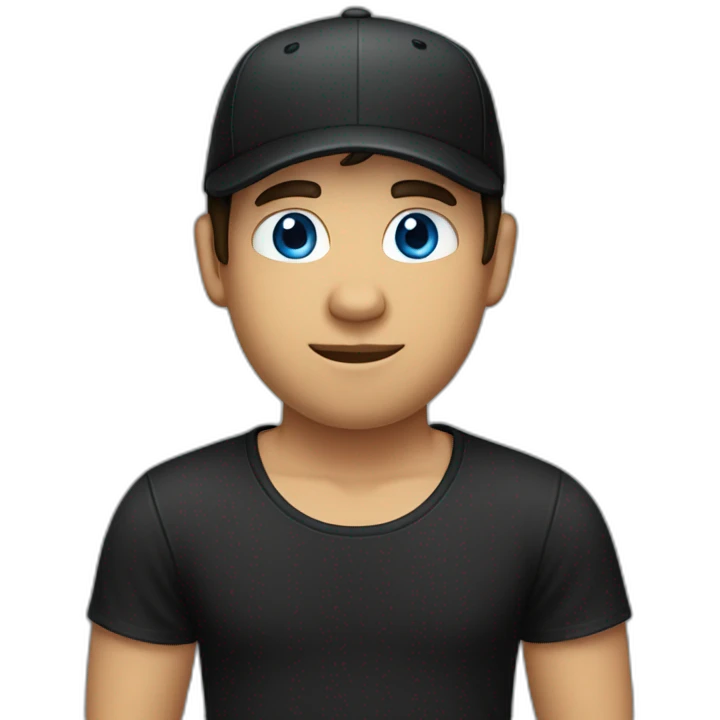 a guy with blue eyes, dark hair and bangs in backward black cap and in a black t-shirt emoji