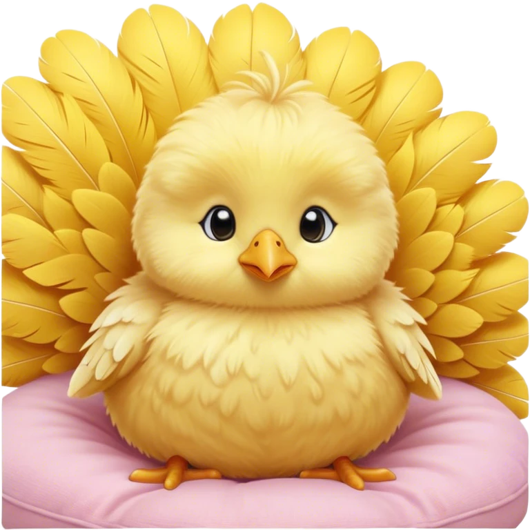 Cinematic round fluffy chick, golden yellow, tiny beak and feet, soft downy feathers, sparkling gentle eyes, sitting on a pastel-colored cushion, radiating warmth and sweetness. emoji
