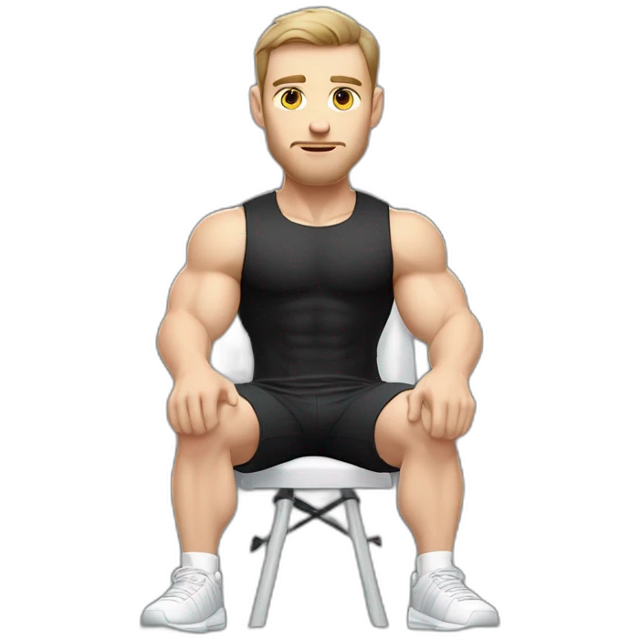 Pale skinned Fit Man With the biceps and dark brown hair in black shirt, gray sports shorts and white Sneakers Sitting on a chair emoji
