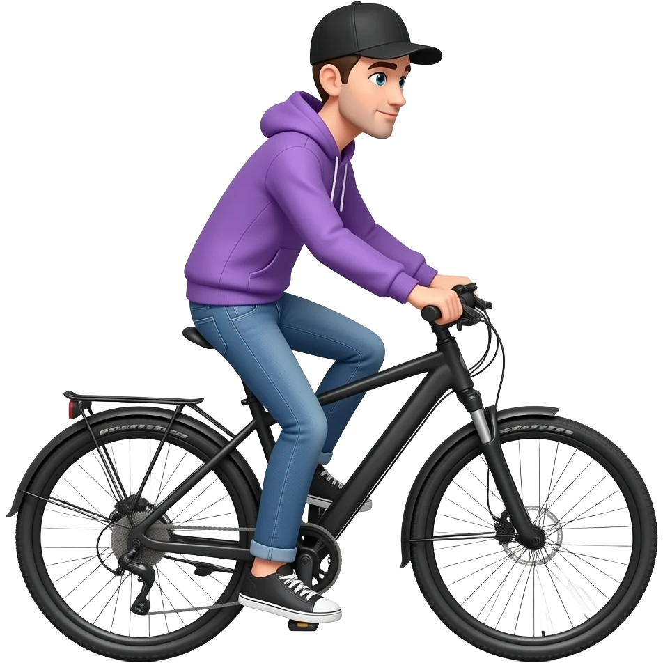 tall skinny guy with black basecap and purple hoodie and jeans rides a black e-bike on white background. emoji