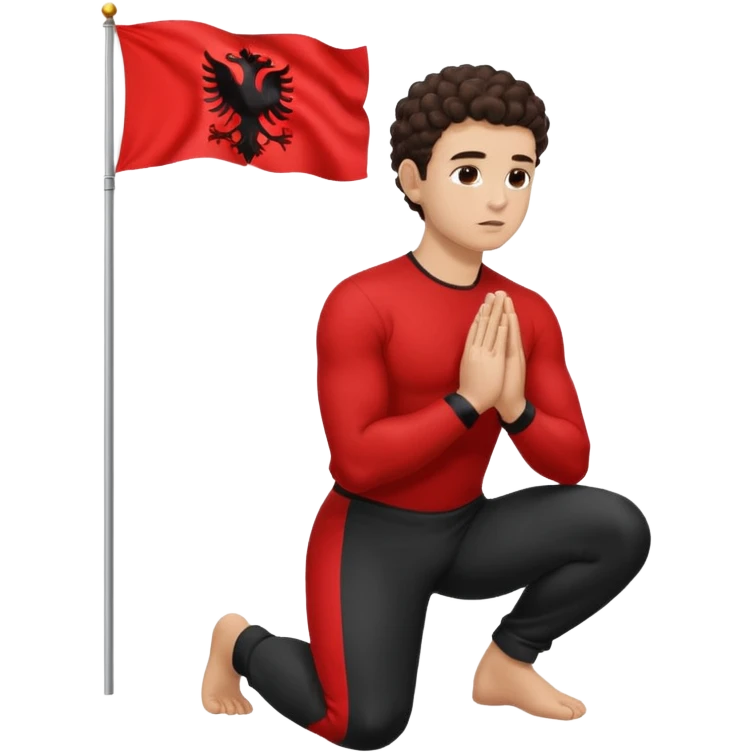 Brunette man clean shaven with slick back curly hair on his knees praying to an Albanian flag emoji