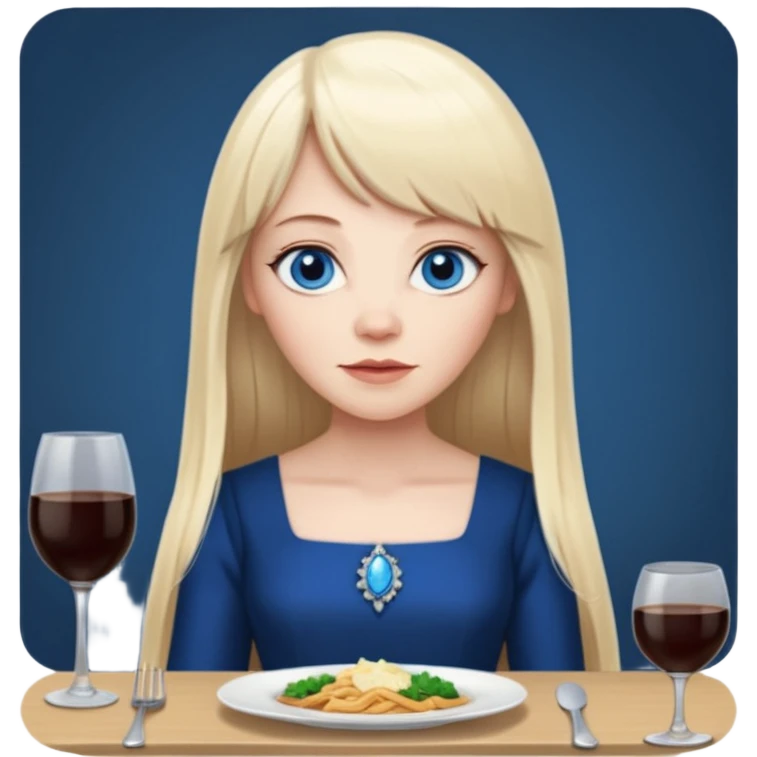 450 yr old white woman, pale skin, long straight blond hair parted in center, blue eyes, bangs, clothes for dinner emoji