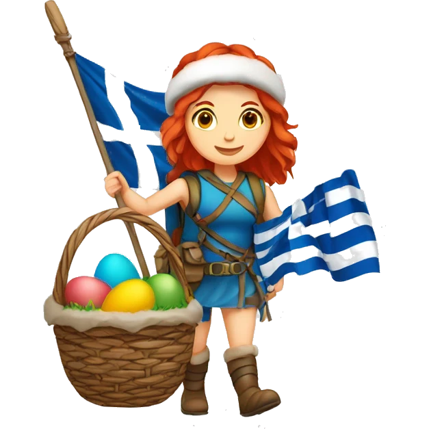Greek Female winter mountaineer red hair white skin climbing with Greek Flag and Easter eggs basket emoji