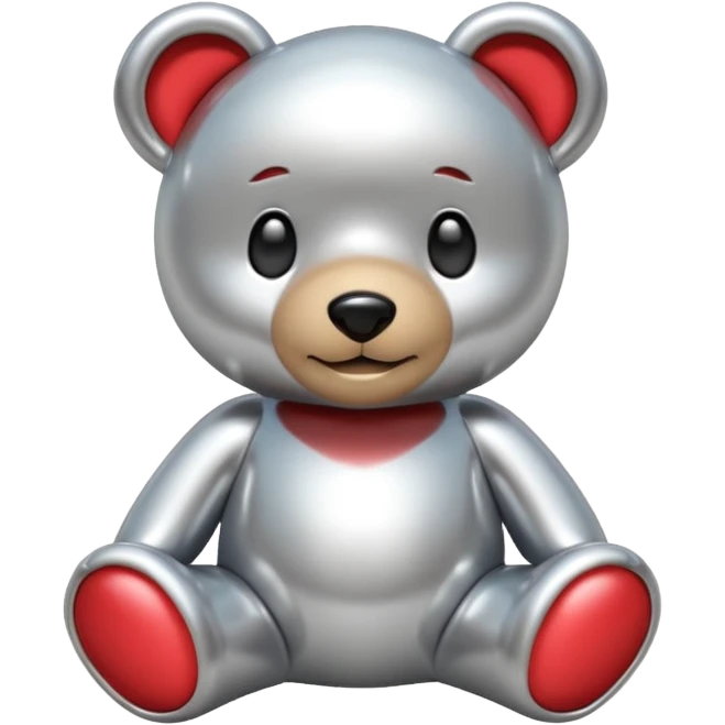A cute teddy bear emoji made of liquid silver chrome, smooth rounded body, glossy metallic surface, soft reflections, friendly proportions, iOS emoji style, centered, clean white background emoji