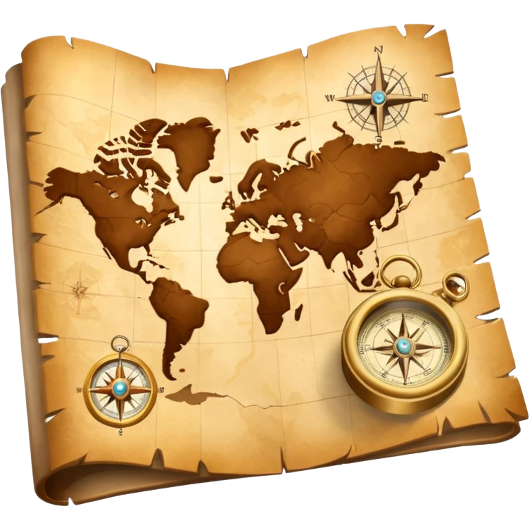 3D Brown golden map with Travel compass pointing to adventure emoji