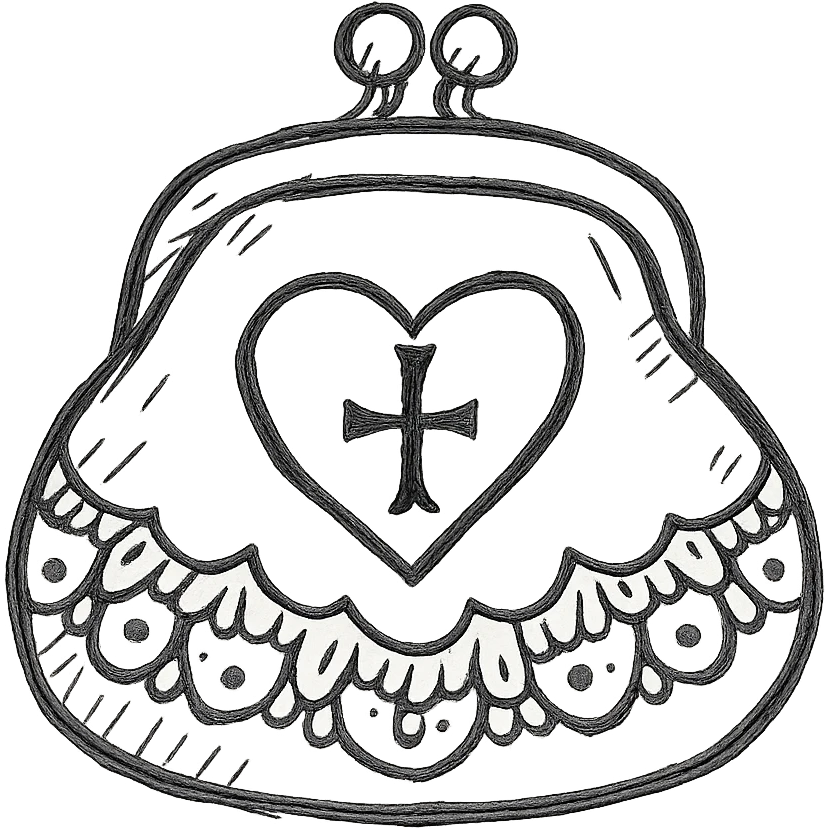 pink and black gothic coin purse, sketchy, whimsical, gothic lace accents emoji