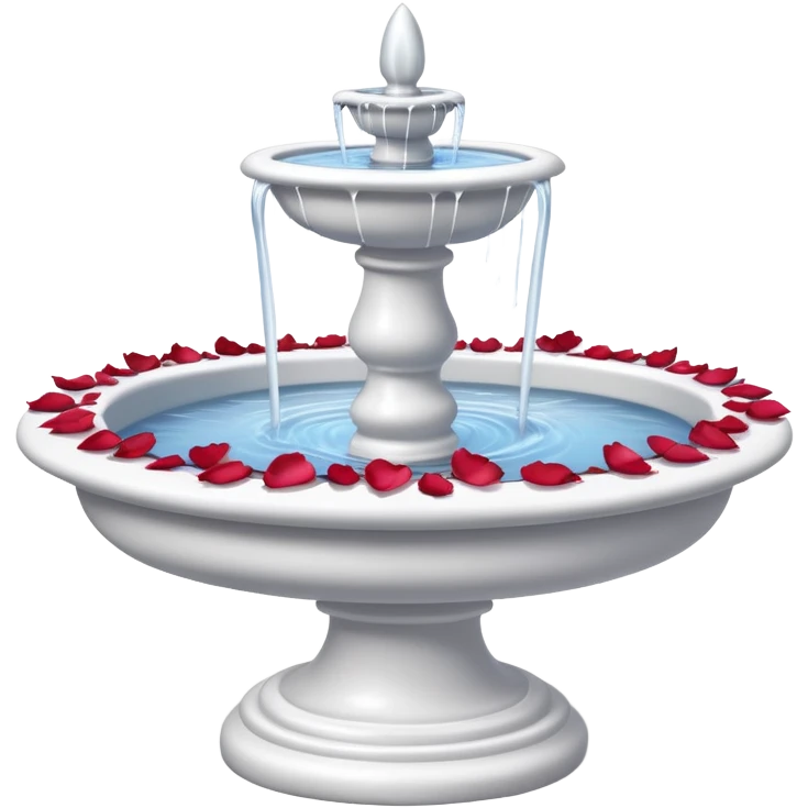 A white romantic porcelain fountain with rose petals scattered around emoji