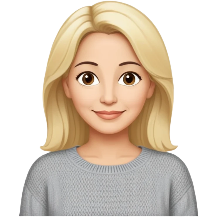 Linette Torres, 50-something Puerto Rican actress with fair complexion, extremely kind-hearted expression, bright caring eyes, soft motherly smile, blonde hair with relaxed styling, wearing a comfortable casual sweater emoji