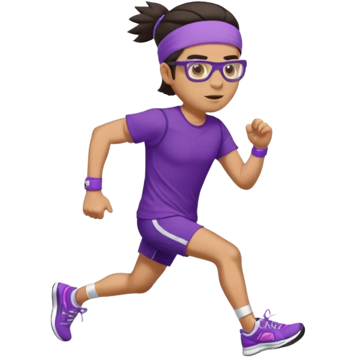 Running man in tight shorts and a purple t-shirt that says 'progressive run', with a headband, dark hair, running glasses, and stylish bright sneakers, emoji style, variation 4 emoji