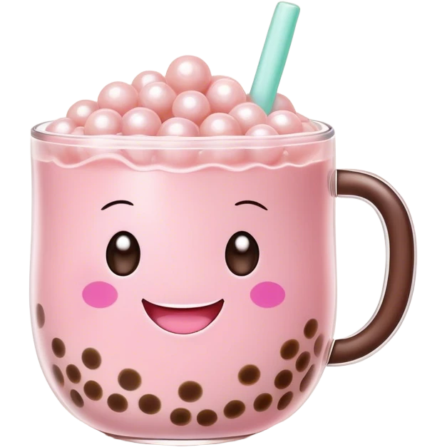 Cute Kawaii Boba Tea Cup, with a happy smiling face, chubby round shape, pastel pink and brown colors, soft glowing highlights, adorable tapioca pearls floating inside, sparkling eyes full of joy! emoji
