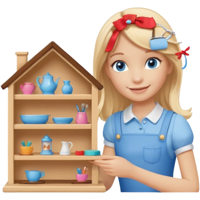 smiling girl arranging furniture in doll house emoji