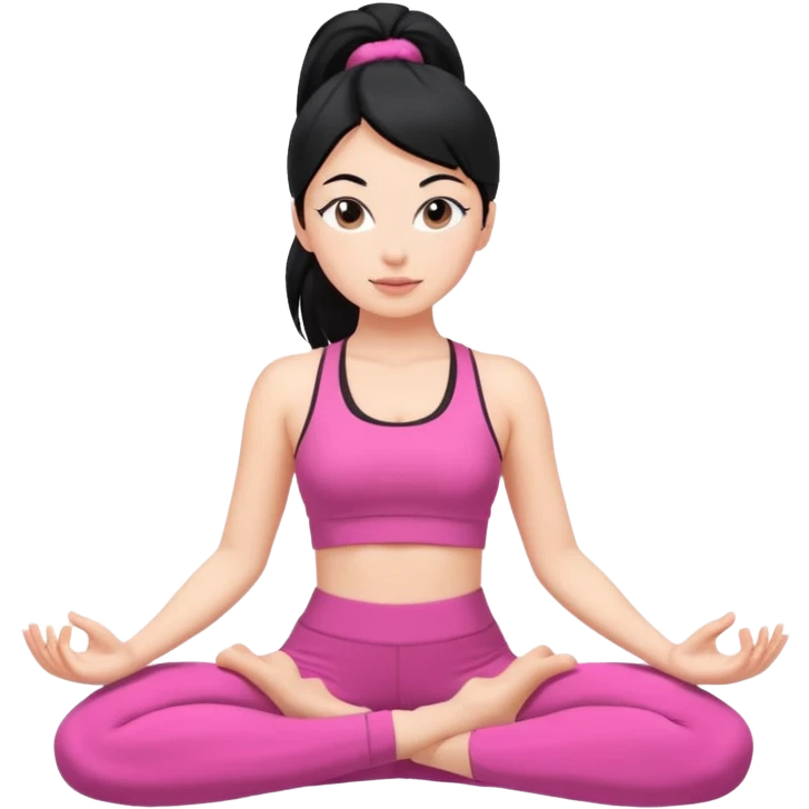 Una chica blanca con pelo negro recogido en una coleta haciendo yoga con un traje rosa  emoji