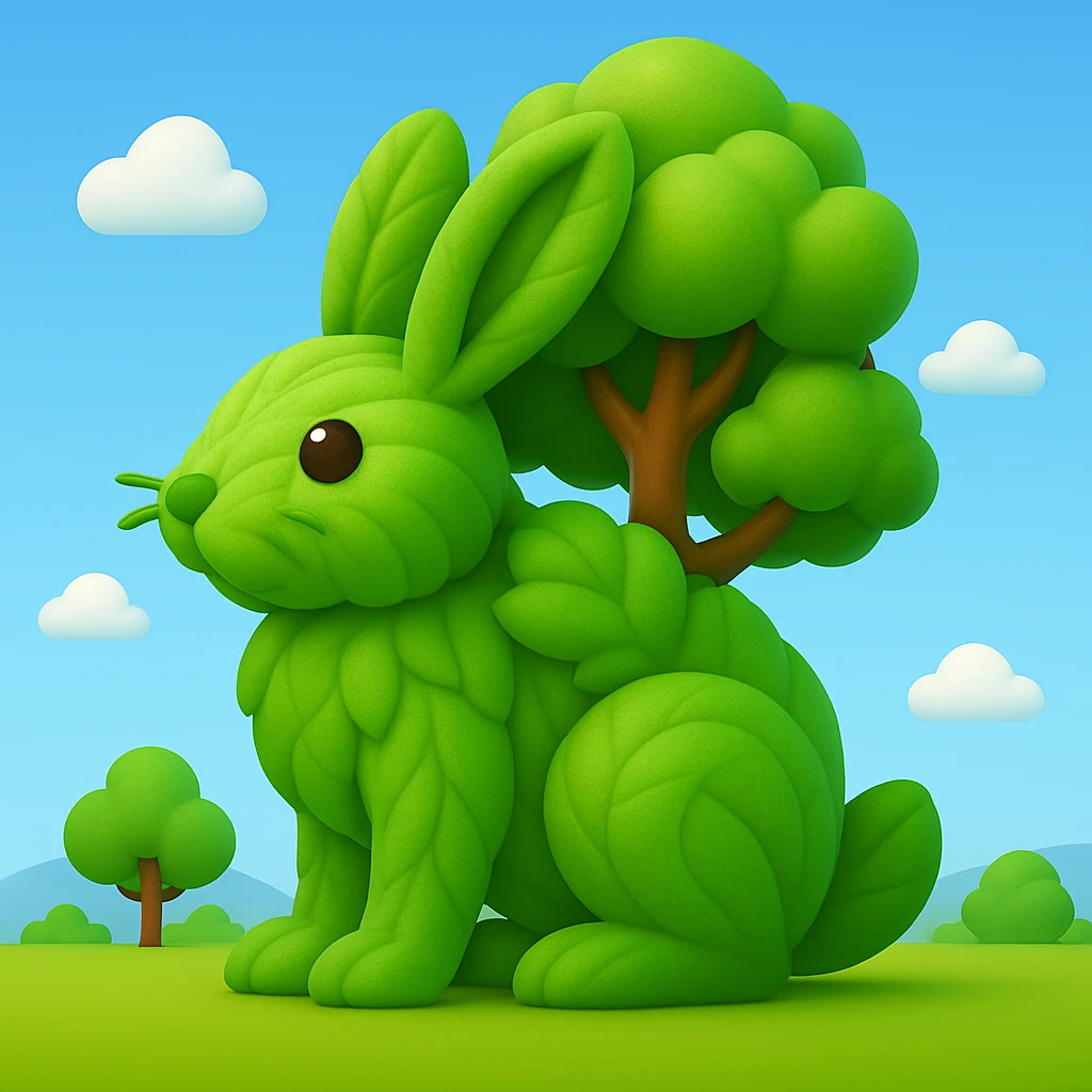 Transform the entire rabbit tree into a green leafy texture, making it appear as if it is made entirely of leaves. Render this in a style that mimics 3D emoji style with vibrant, smooth, and rounded features typical of Microsoft style 3D fluent emojis. emoji
