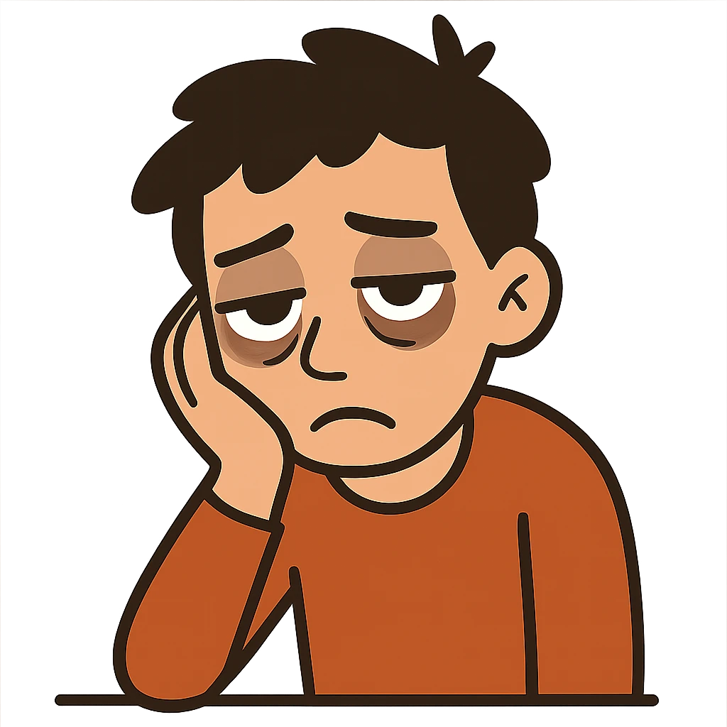 flat toon style of a person with dark circles under their eyes, head resting on hand, super tired emoji