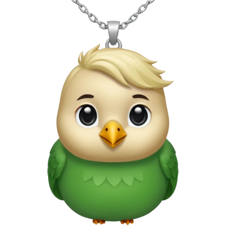 un oiseau classique de profil tout vert avec un collier autour de son cou avec des breloque argentées et un seul poil blond qui fait une petite bouclette sur le front le collier est autour du coup de l’oiseau entre la tête et le corps emoji