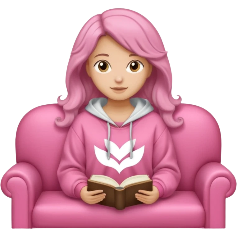 Una chica linda de cabello oscuro con ondas hasta los hombros de piel blanca con una sudadera rosa en un sofá cómodo y hermoso leyendo la biblia emoji