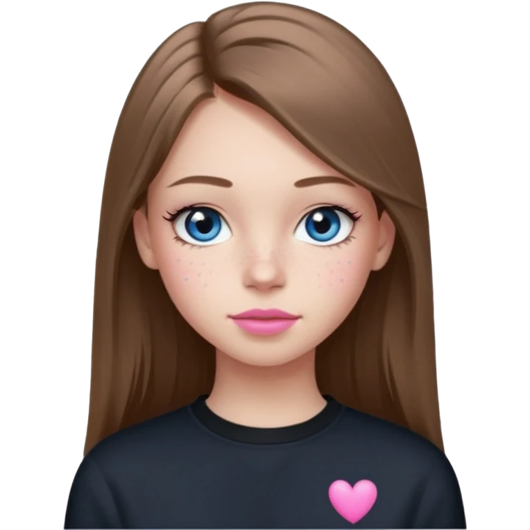 Create a teenage girl with LONG and straight light brunette hair, light skin, light freckles, and blue-grey eyes. She will have pink lips and long eyelashes. She will be wearing a black crewneck.  emoji