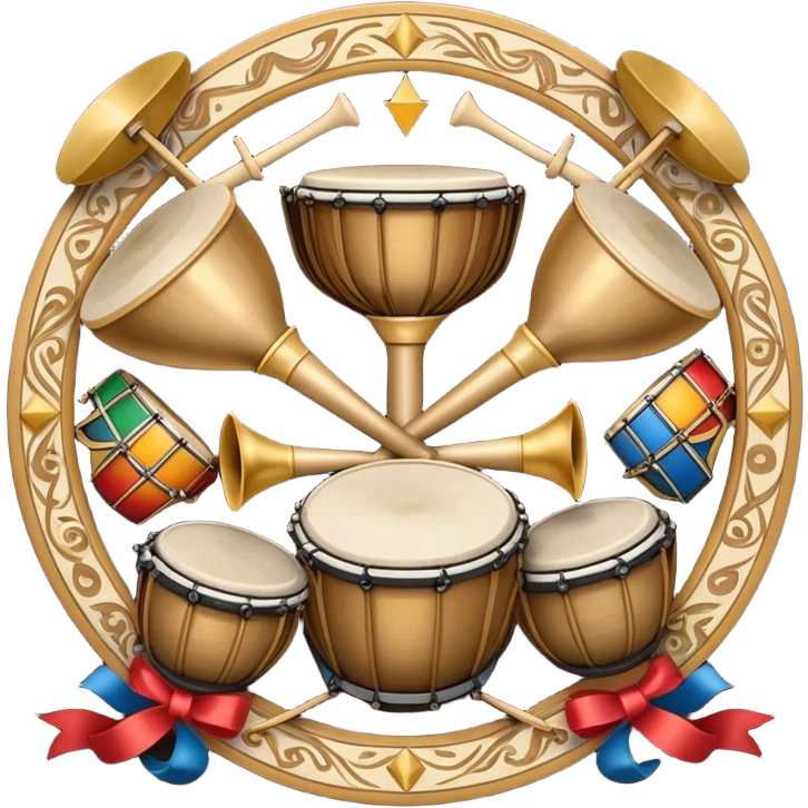 Create a heraldic, festive, and professional emblem-like emoji representing percussion instruments. The design should resemble a traditional crest, featuring a variety of percussion instruments such as cymbals, triangle, tambourine, maracas, timpani, bongo drums, and other traditional folk percussion instruments. Arrange them symmetrically, with cymbals crossing each other, the triangle at the center, and timpani or bongo drums flanking the sides. Include tambourines and maracas prominently, adding rhythm and texture. A flowing ribbon of musical notes should elegantly weave through the instruments, enhancing the sense of movement and celebration. Add intricate decorative patterns on the instruments, along with ornamental swirls, laurels, or flourishes to elevate the festive and heraldic feel. The overall composition should be balanced, harmonious, and visually striking, with an elegant and professional look. The background should be transparent. emoji