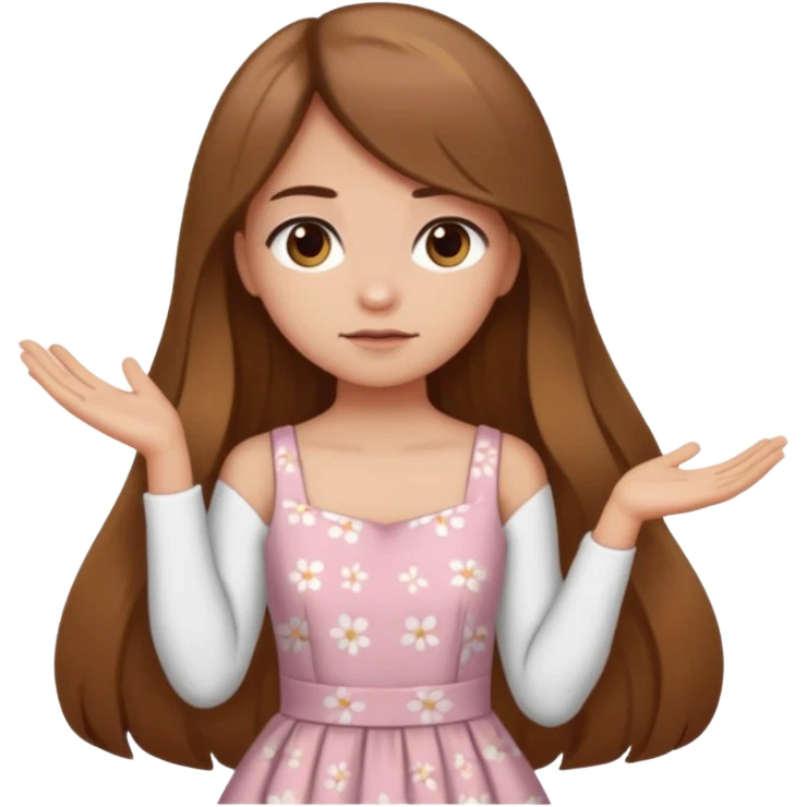 fake costumer loyalty, girl that doesn't care, she is like whatever, brown long hair, cute dres and her hand showing like i dont care whateve emoji