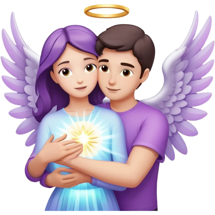 White brunette man light rays hugging a pastel purple woman angel emoji