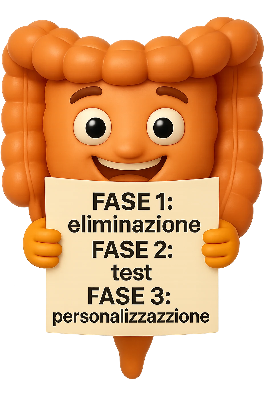 emoji stile iphone 3d di un intestino che tiene in mano un foglio con la scritta "FASE 1: eliminazione, FASE 2: test, FASE 3: personalizzazione, IPERREALISTICO 4K emoji